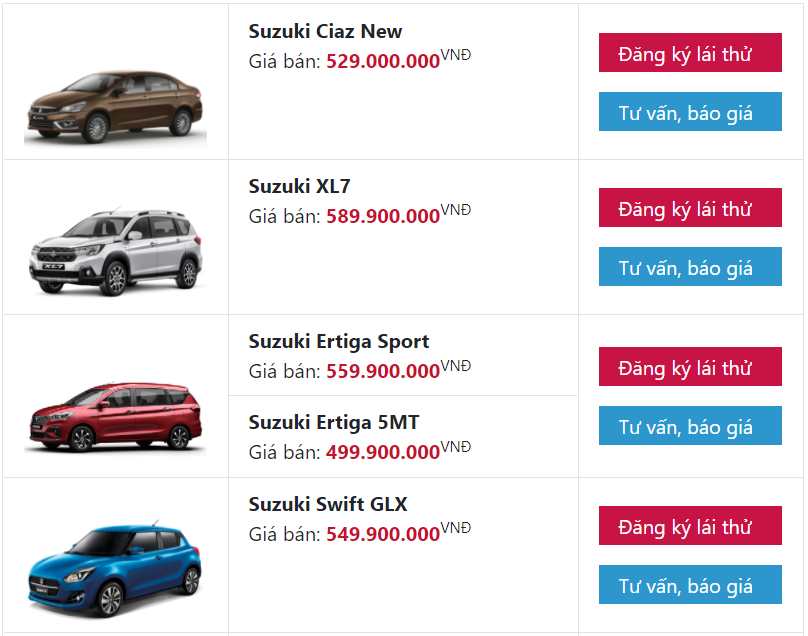 bang gia xe du lich suzuki vinh